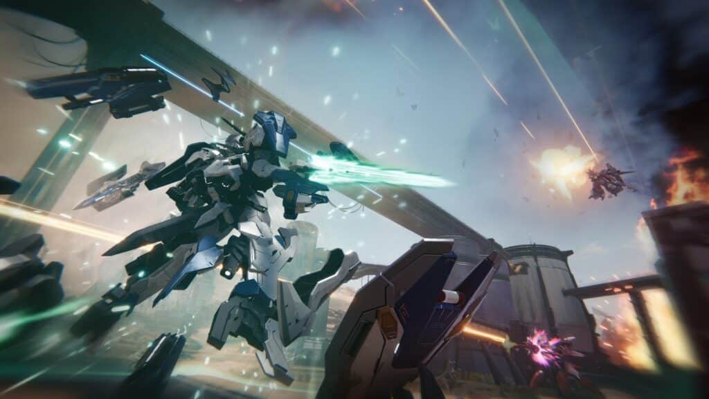 Actiescène uit Mecha Break waarin een futuristische mech met lichtzwaard vecht te midden van explosies en vijanden in de lucht.