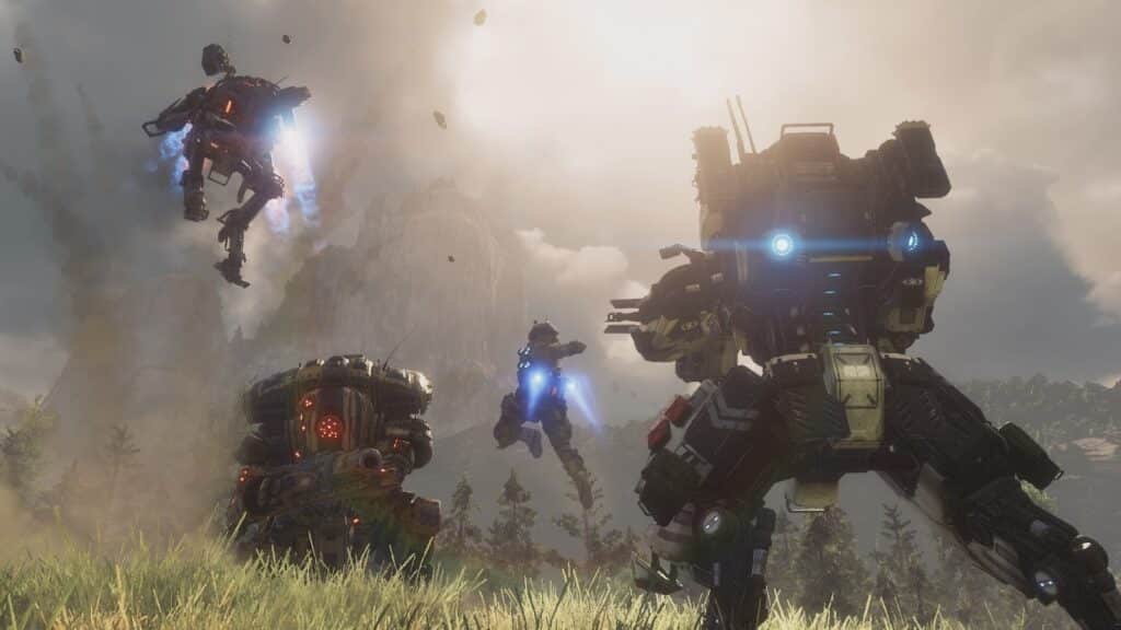 Titanfall 2 met piloten die door de lucht zweven en Titans die elkaar bevechten in een bergachtig landschap.