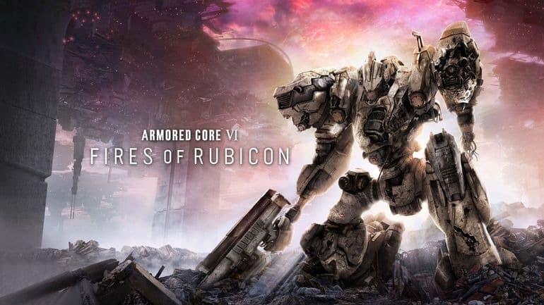 Armored Core VI: Fires of Rubicon met een zwaarbewapende mech die neerknielt te midden van een verwoest landschap.
