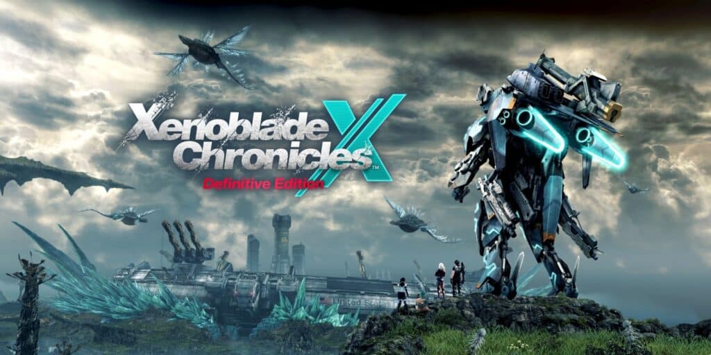 Xenoblade Chronicles X Definitive Edition met een enorme Skell-mech die uitkijkt over een buitenaards landschap