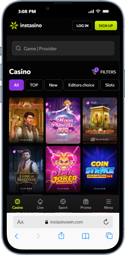 Interface de l application Instasino montrant les jeux et la navigation