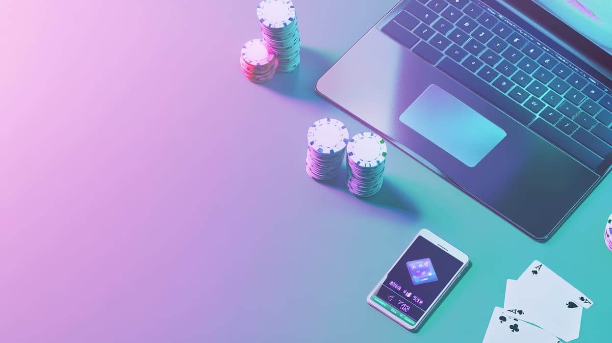 laptop en mobiel met pokerkaarten en chips