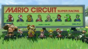 Karaktärer från Mario Kart poserar framför en skylt med retrofigurer och texten Mario Circuit Super Racing 1992