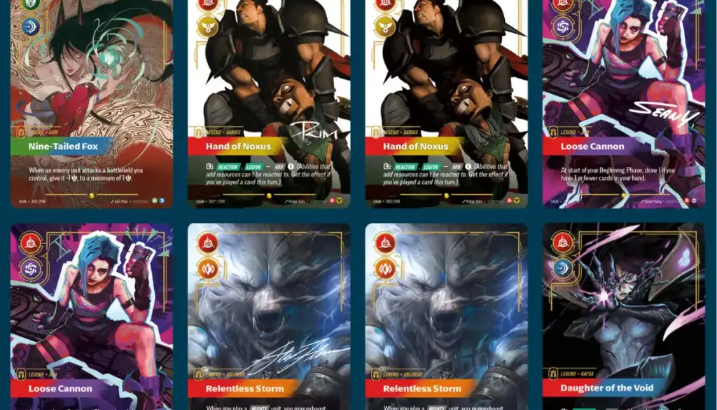 League of Legends: Riftbound. Kort på Ahri, Darius, Jinx, Volibear och Kai'sa