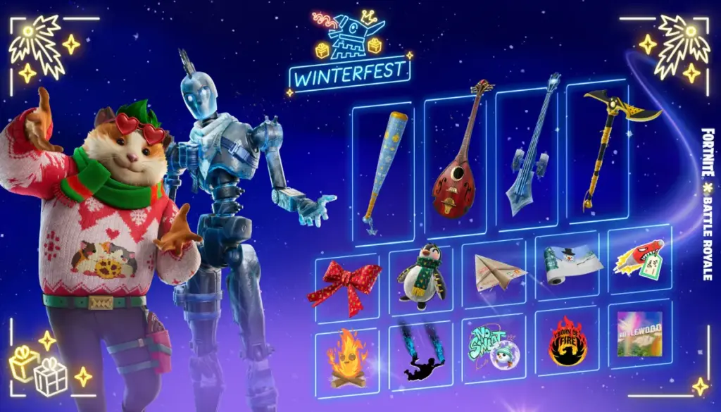 Alla skins i Winterfest 2025, instrument, robotskin, kattskin och flera emotes, gliders och back blings. 