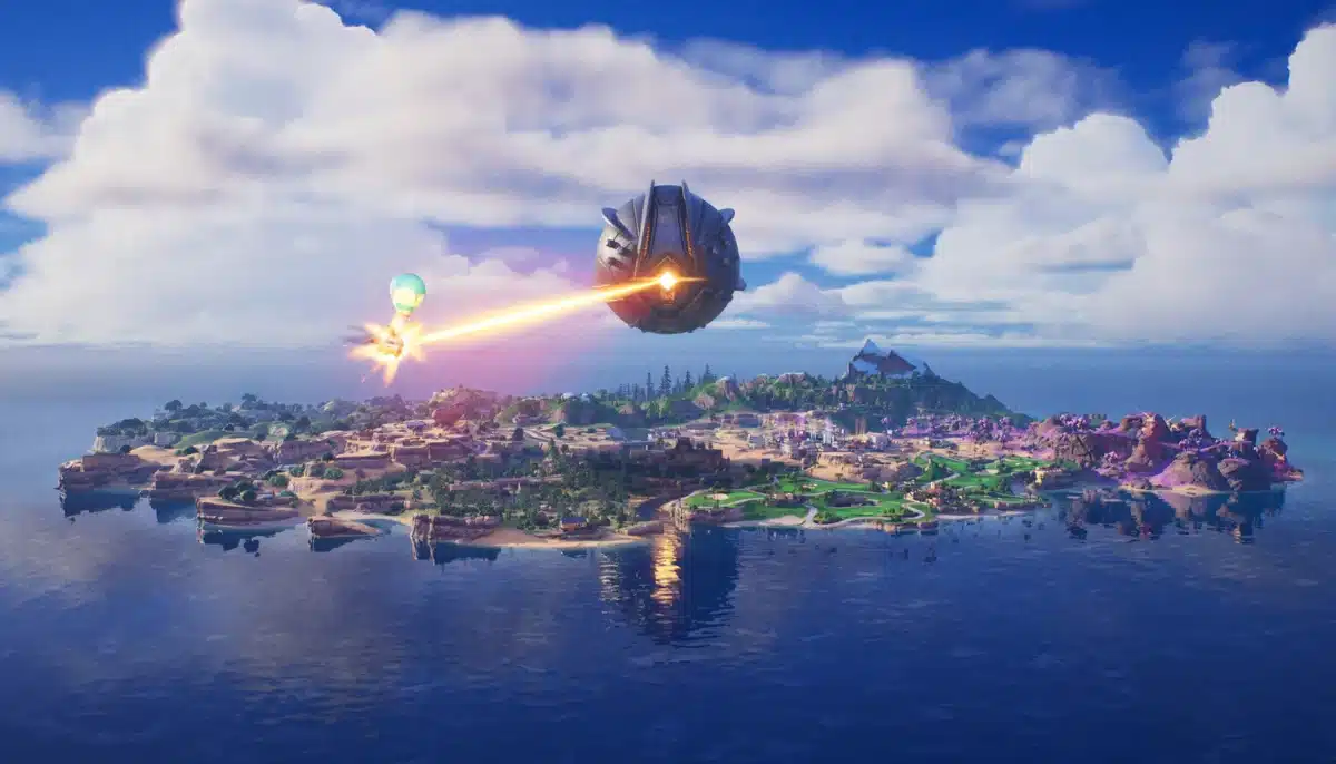 Ön i Fortnite, och ett mystiskt öga som spränger Battlebussen