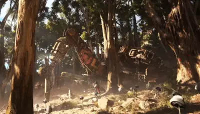 En död Arc Husk och en Arc Raiders tittar på i ett grönt skogslandskap