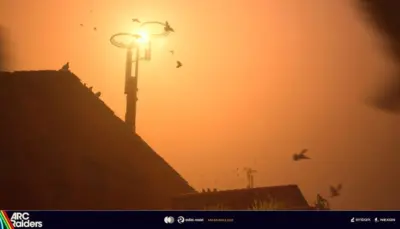 Solnedgång med fåglar som flyger över begravda staden i Arc Raiders