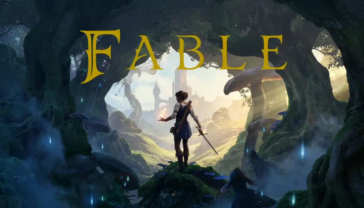 Karaktär med svärd i en skog med rubriken Fable