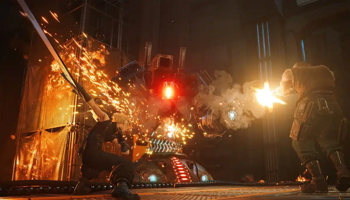 FF7 Cloud och Barret i en strid mot en robot