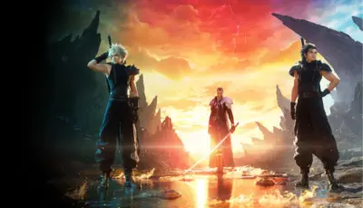 Final Fantasy VII Recension, Cloud, Sepiroth och Zack med bakgrundsbild i bakgrunden