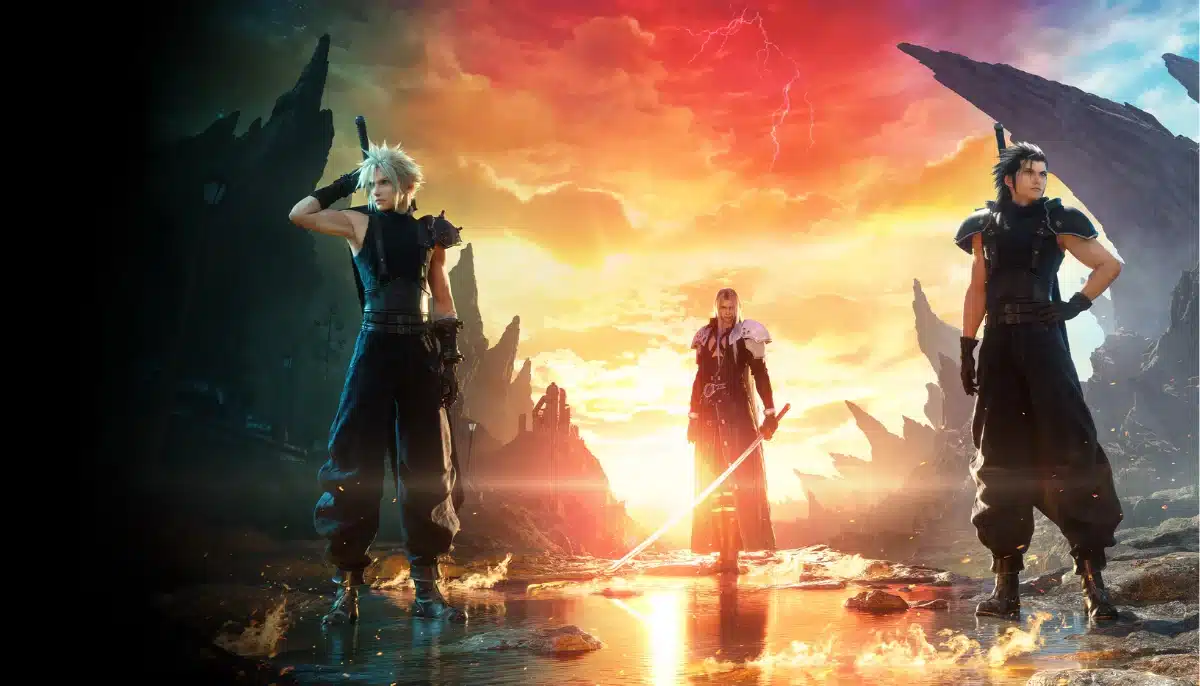 Final Fantasy VII Recension, Cloud, Sepiroth och Zack med bakgrundsbild i bakgrunden