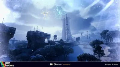 Fyrverkerier över Spaceport i Arc Raiders på nyår
