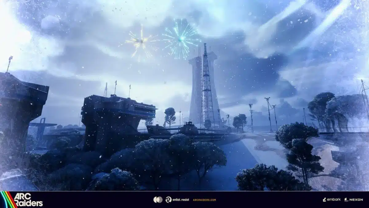 Fyrverkerier över Spaceport i Arc Raiders på nyår