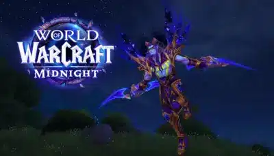 World of Warcraft: Midnight logo, med en Demon Hunter Devourer som flyger över void-bakgrund