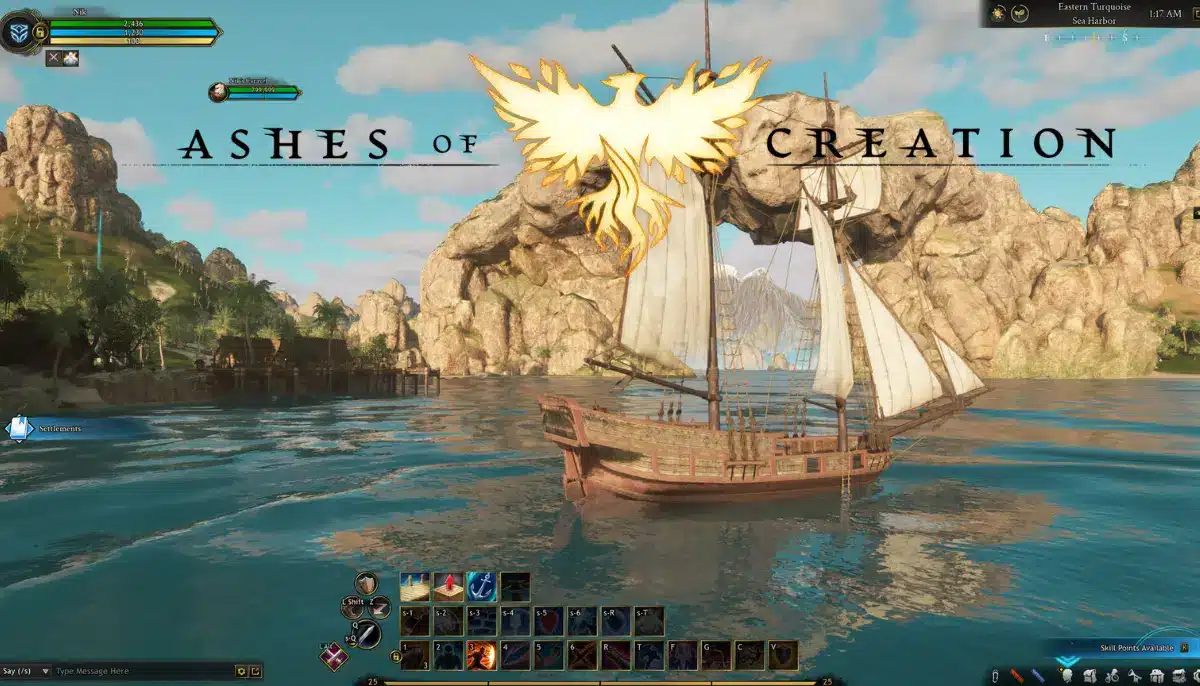 En båt och UI i Ashes of Creation