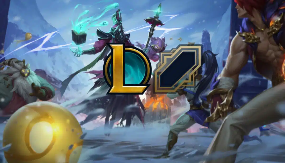 League of Legends: Aram Mayhem uppdatering. Champion Karthis, Braum, Sett och Bard på en vit-is-bakgrund