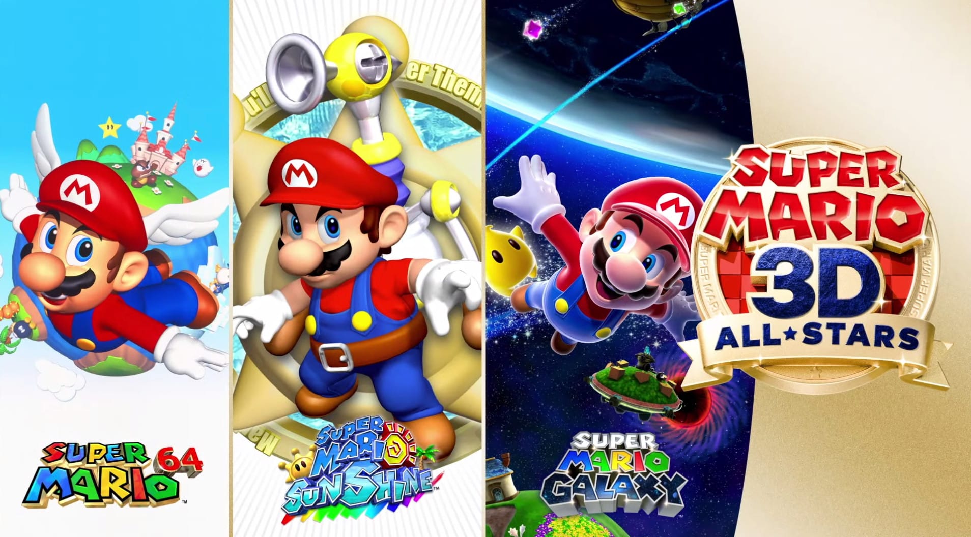 Super Mario 3D All-Stars, Mario 35th Anniversary, Super Mario Sunshine, Super Mario Galaxy, Super Mario 64