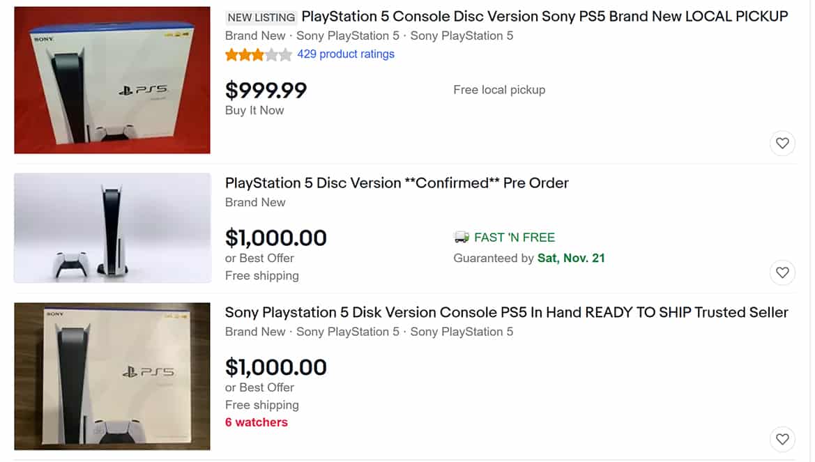 Sony PlayStation 5 scalping resellers reselling sold out PS5 console on eBay, Amazon, etc. changing the law on scalping legality
