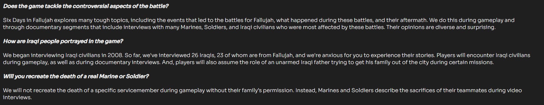 Six Days in Fallujah grow up past bad marketing Victura Highwire Games Peter Tamte Jaime Griesemer versus a petition to cancel for fear of racism and lies