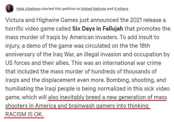 Six Days in Fallujah grow up past bad marketing Victura Highwire Games Peter Tamte Jaime Griesemer versus a petition to cancel for fear of racism and lies