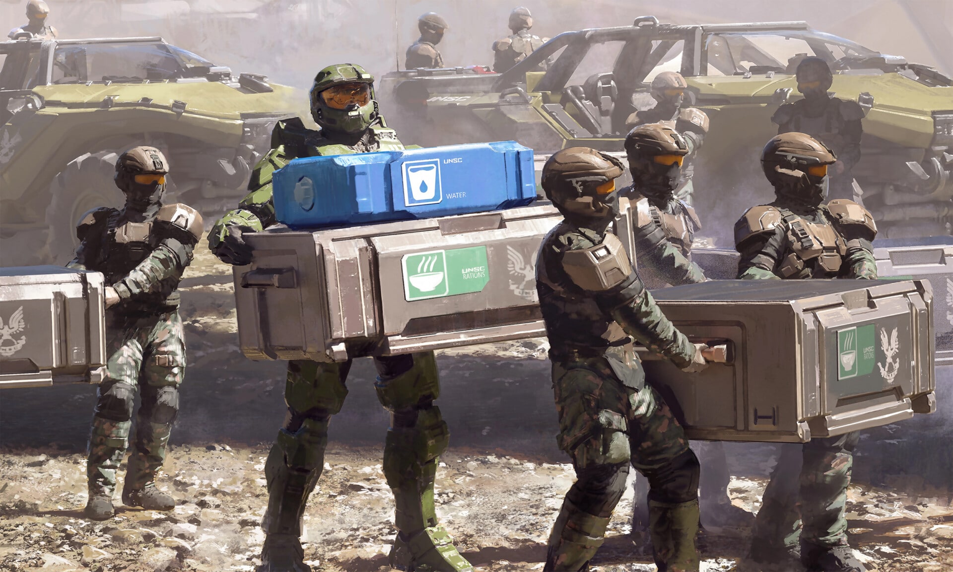 Masterchief in spartan armor carrying crates with Halo Infinite's marines