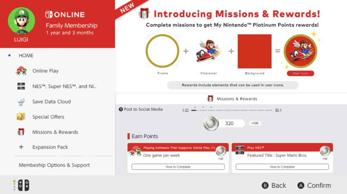 Nintendo Switch Online Missions and Rewards explained profile images elements super mario odyssey