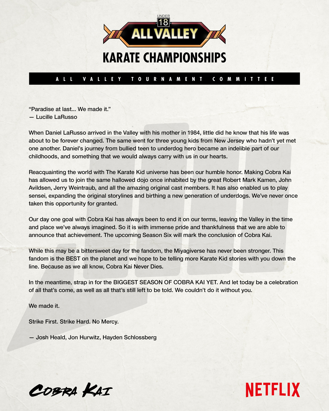 After season 6, more Miyagiverse to come, as Cobra Kai creators Josh Heald, Jon Hurwitz, and Hayden Schlossberg shared a joint message today saying that they want to make more Karate Kid spinoff stories.