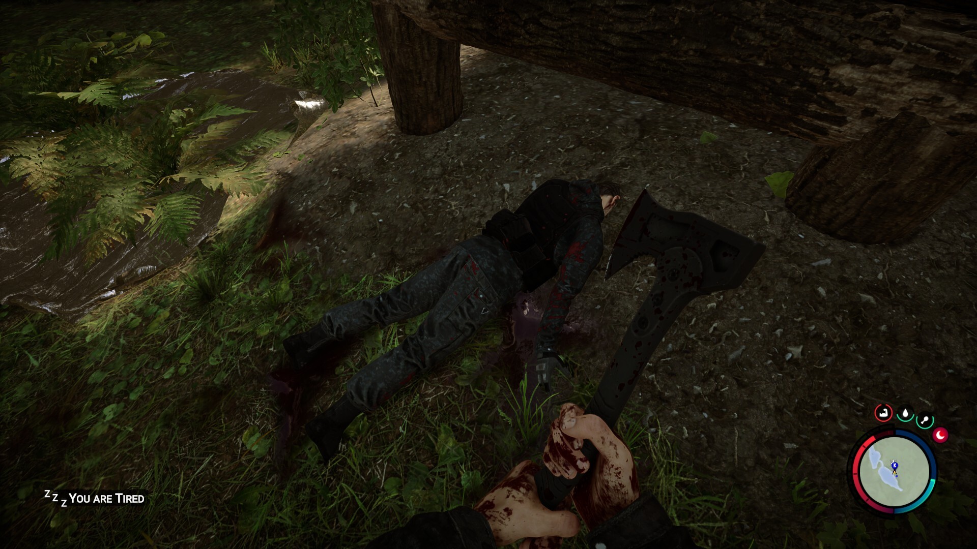 Sons of the Forest red arm UI plus dead guy with an axe