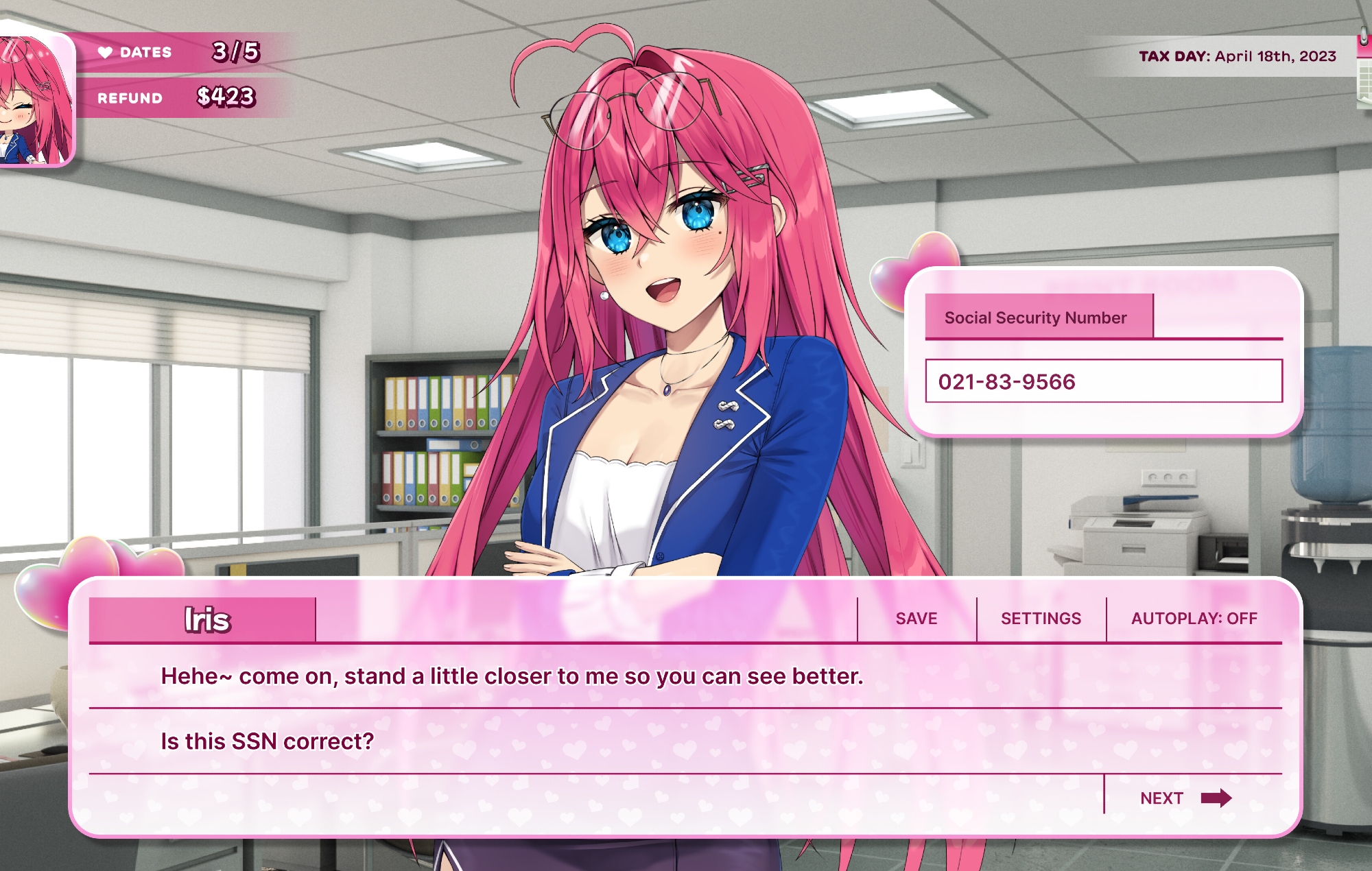 Tax Heaven 3000 is a dating simulator visual novel that also doubles as assistance with your 2022 tax return: Do not give it your SSN.