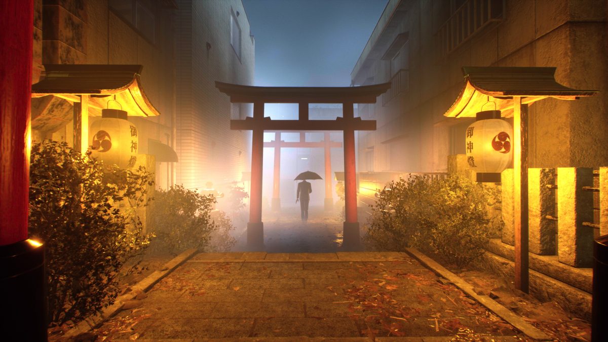 How to change Field of View in Ghostwire Tokyo - Spectre with an Umbrella stands in a narrow corridor.