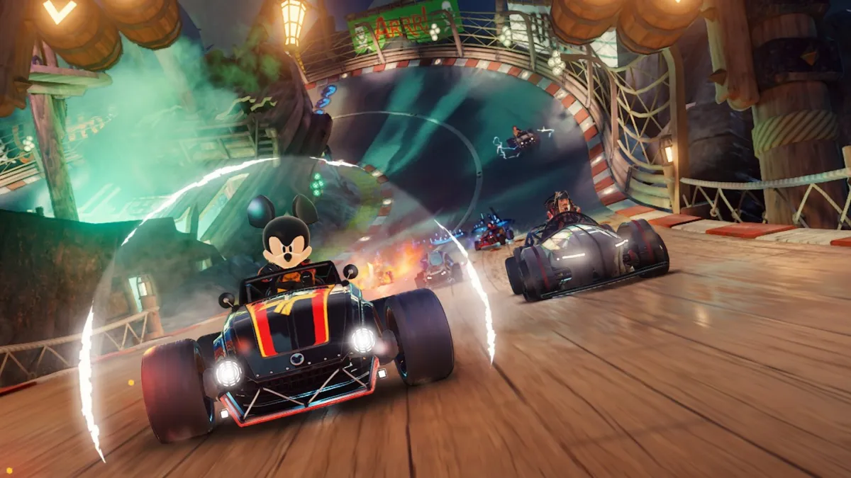 How Does Disney Speedstorm Compare to Mario Kart? Mickey Mouse leads Captain Jack Sparrow in a kart race.
