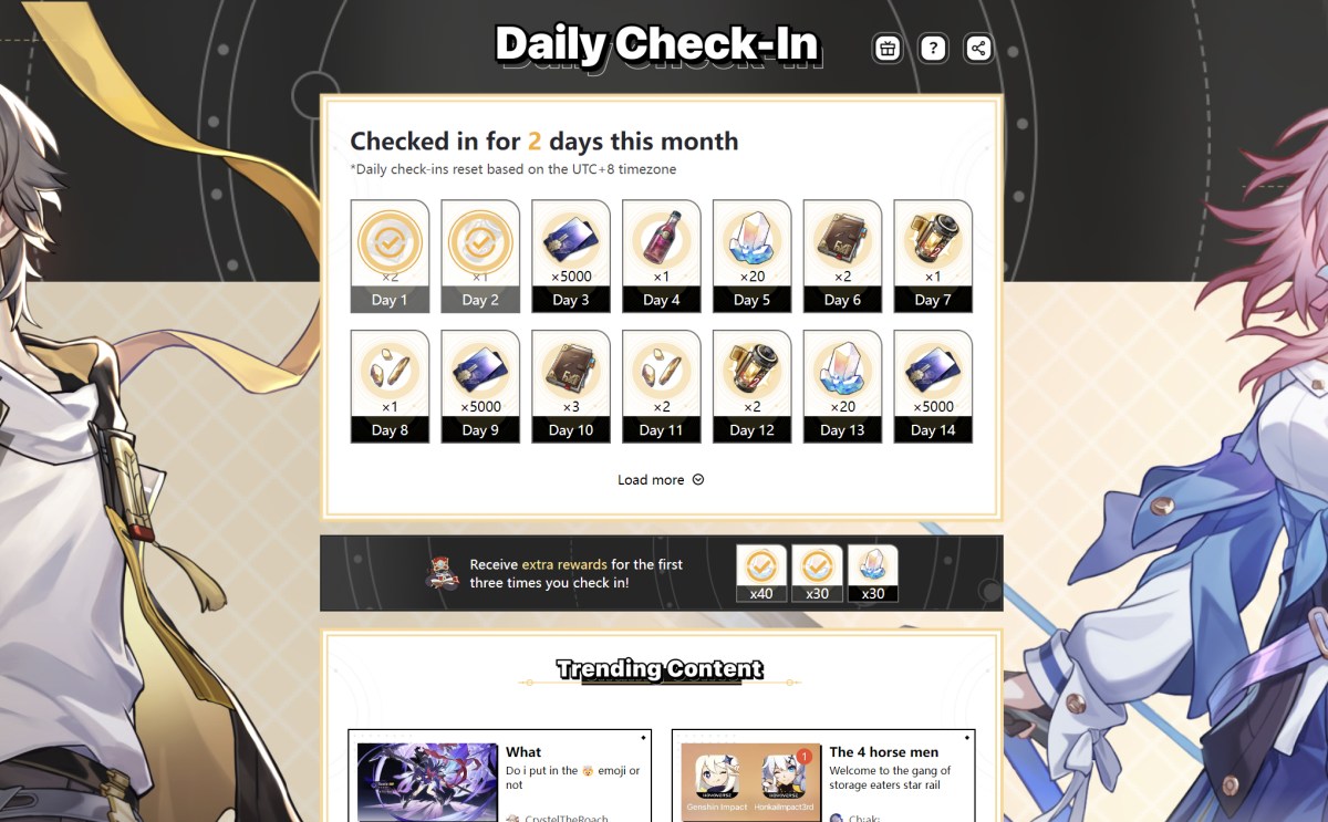 Here all of the best easy sources for how to obtain free daily items and rewards in Honkai: Star Rail / Honkai: Star Rail daily check-in website