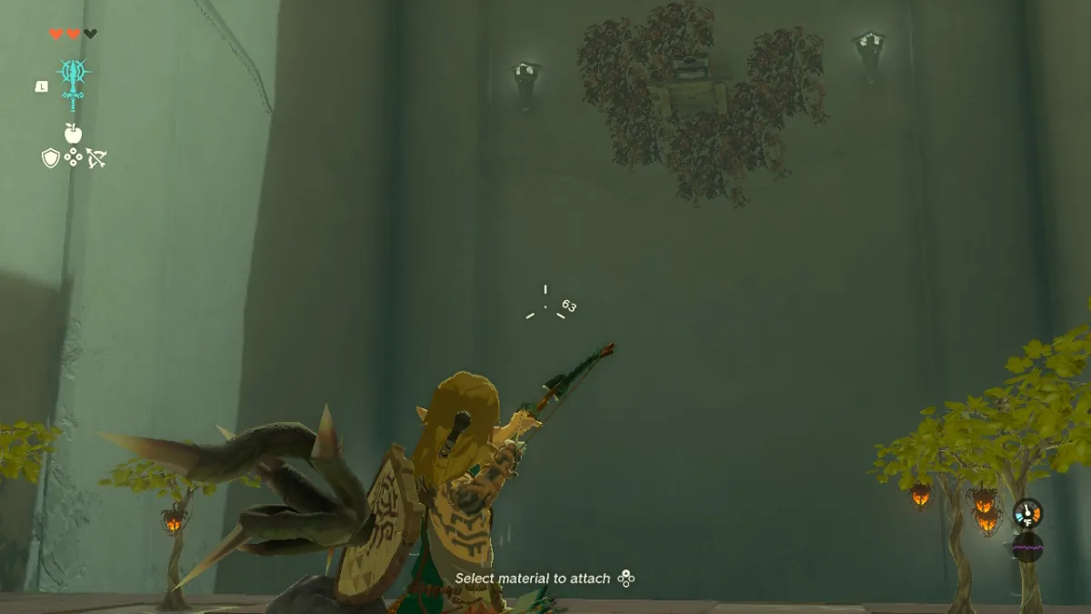 how to fuse arrows with items with bow drawn in The Legend of Zelda: Tears of the Kingdom, especially for Fire Fruit at In-isa Shrine.