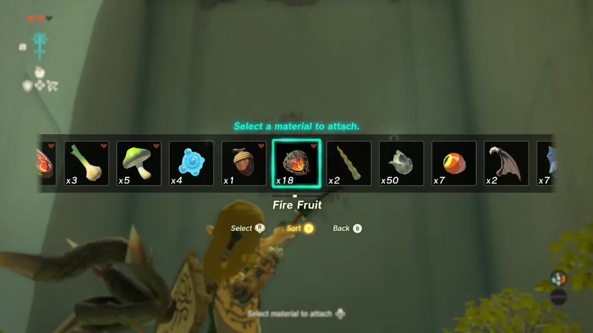 how to fuse arrows with items with bow drawn in The Legend of Zelda: Tears of the Kingdom, especially for Fire Fruit at In-isa Shrine.