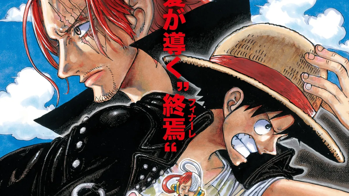 An image showing Luffy and Shanks facing away from each other against a cloudy backdrop. The image is part of a guide on how to watch all the One Piece movies in order.