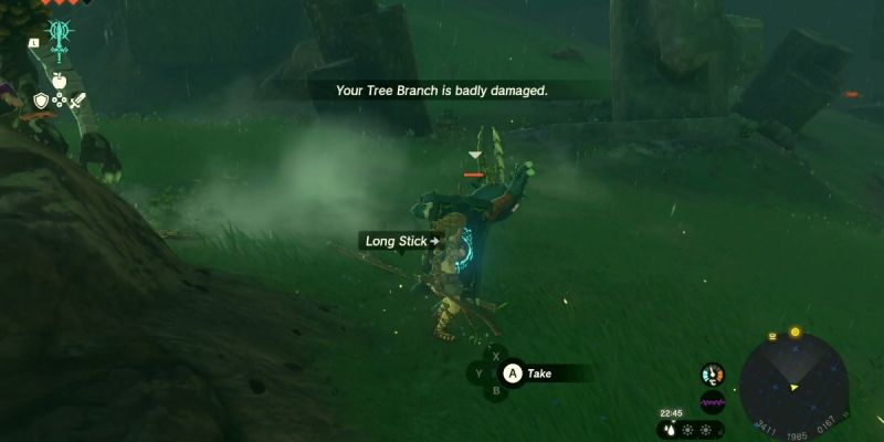A screenshot of The Legend of Zelda: Tears of the Kingdom to demonstrate whether you can repair items by showing a badly damaged tree branch.
