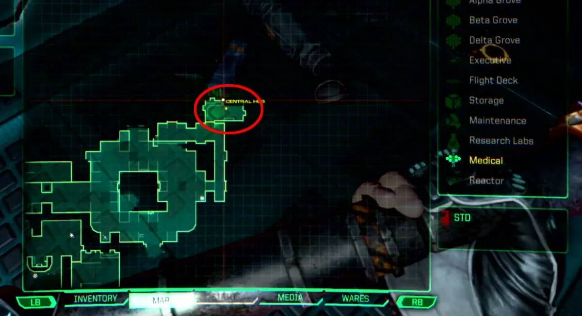 Location of the mini pistol in the Central Hub of the Medical Level in the System Shock remake.