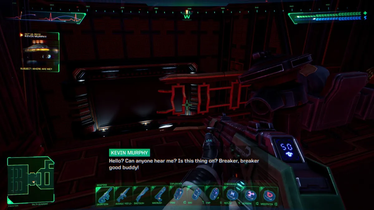MST3K Easter egg in System Shock (2023) showing Kevin Murphy talking. He says, "Hello? Can anyone hear me? Is This thing on? Breaker, breaker, good buddy!"