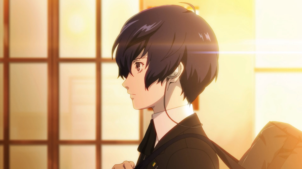 All Voice Actors in Persona 3 Reload, main character Makoto Yuki in profile against windows through which shine the setting sun.