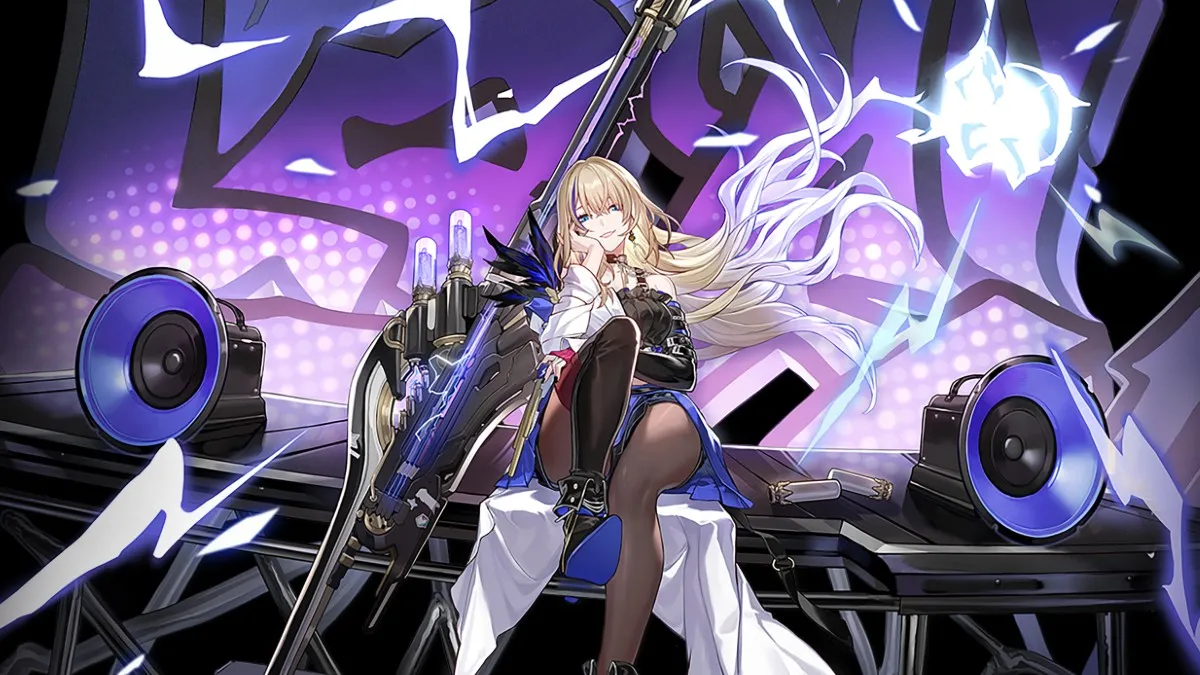 An image of Serval in Honkai: Star Rail. She's a young blonde woman who is sitting on a stage with a giant weapon at her side. Electricity crackles in the picture. The image was used in an an article ranking all of the characters in Honkai: Star Rail by tier list.