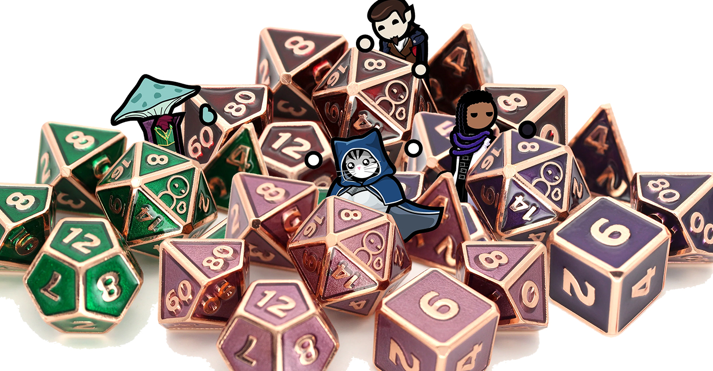 limited edition Adventure Is Nigh! dice sets Dice Envy four colors Mortimer Crimson, Sigmar Purple, Dabarella Pink, and Grinderbin Green Jack Packard