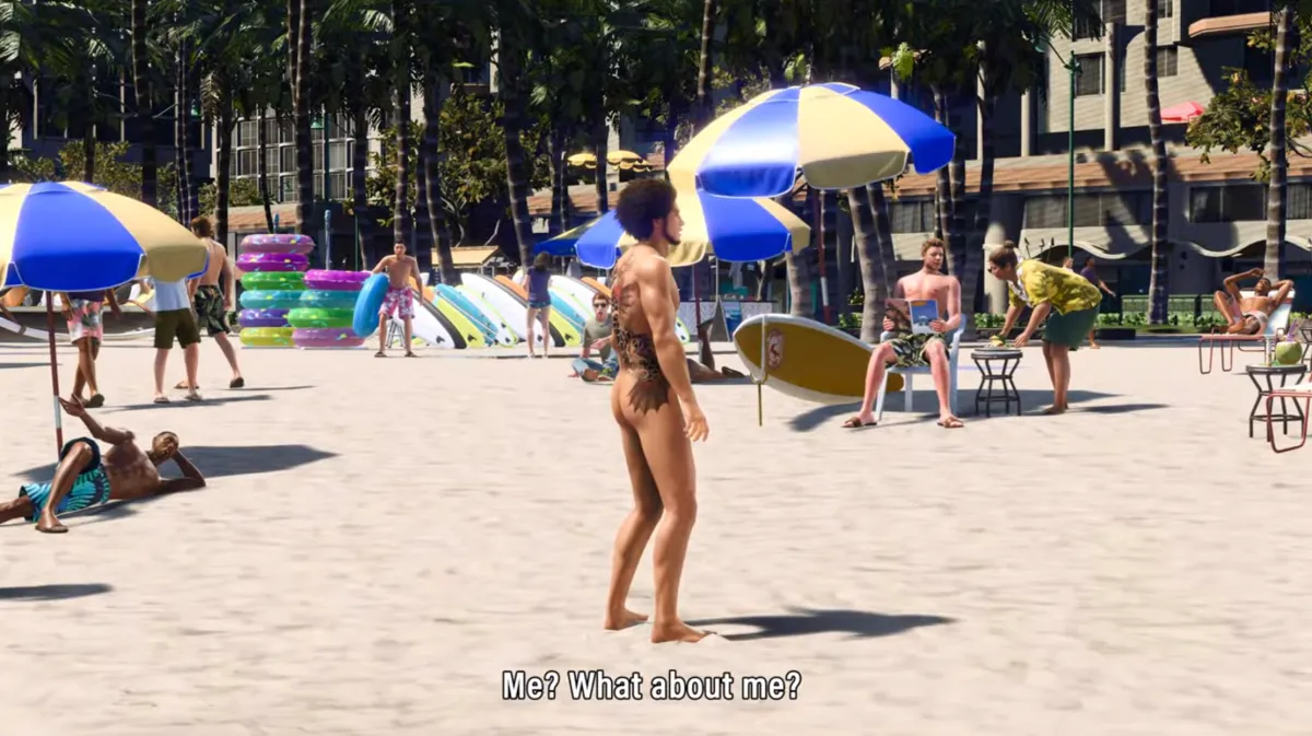 Like a Dragon: Infinite Wealth 8 reveal trailer Ichiban Kasuga naked confused at the beach