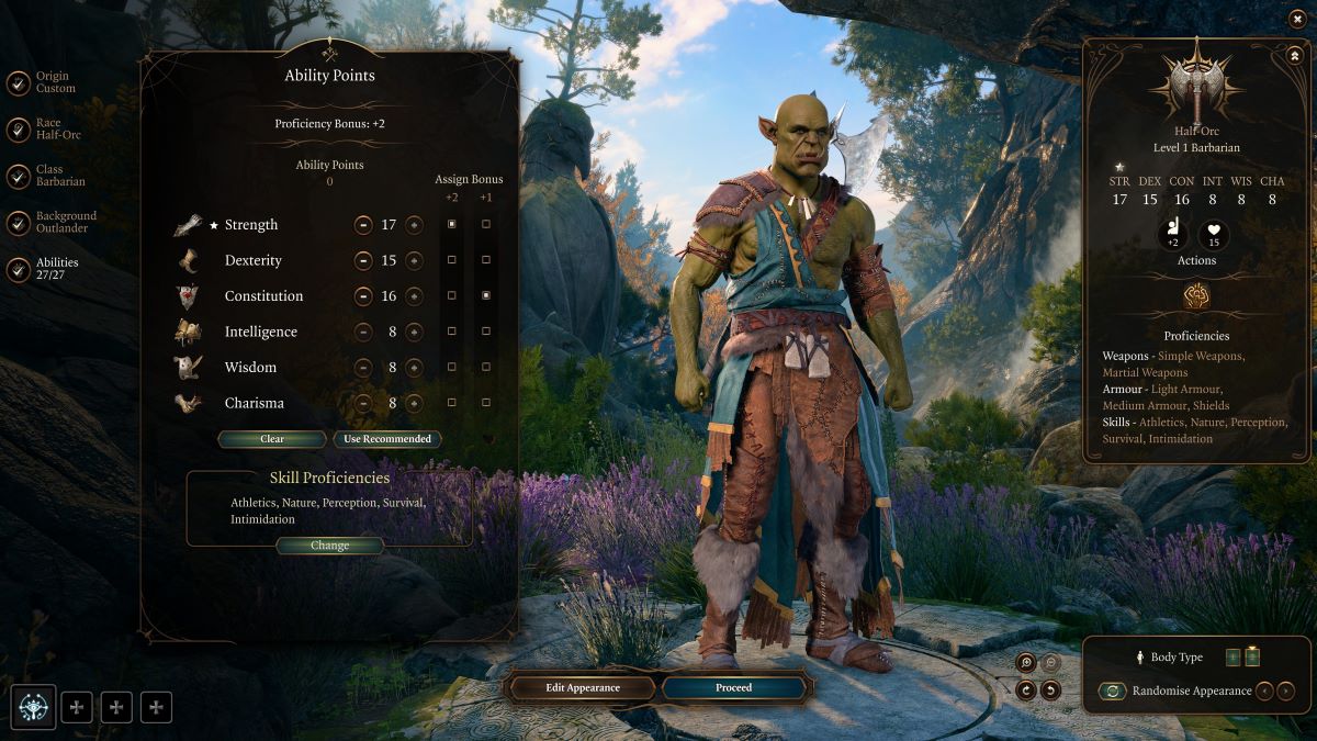 Best Races and Ability Scores for Barbarians in Baldurs Gate 3 - A Half-Orc being built as a barbarian in the character creation screen of Baldur's Gate III