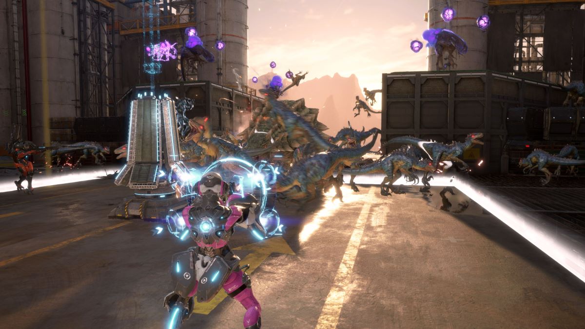 Does Exoprimal have single player? - a Nimbus exosuit facing off against a horde of raptors in the video game Exoprimal