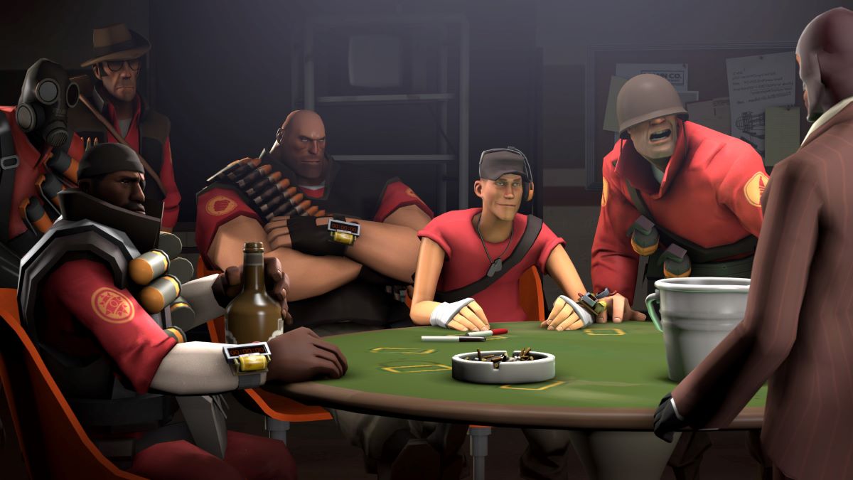 All Voice Actors in TF2 (Team Fortress 2) - A shot from the Expiration Date short showing a group of characters around a table.