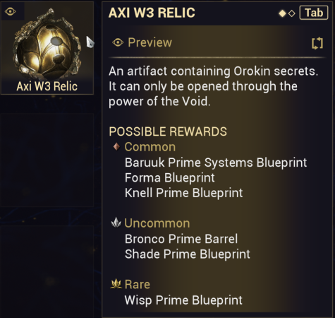 Axi W3 Relics Warframe, needed to unlock the Blueprint for Wisp Prime.