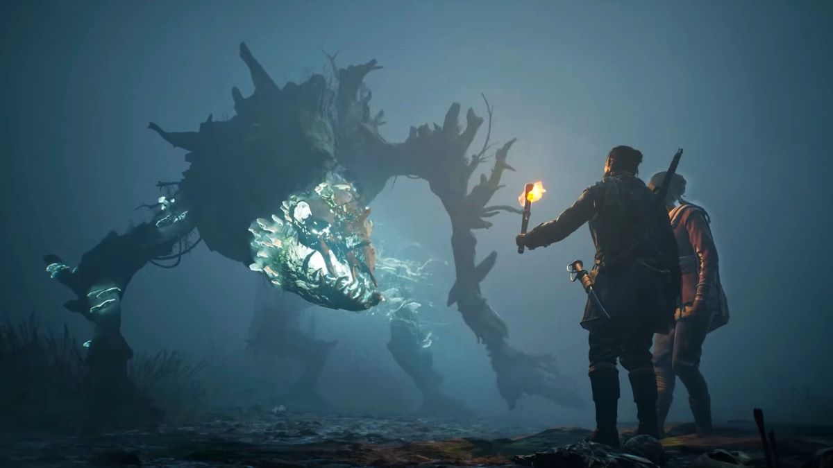A still from the Banishers: Ghosts of New Eden gameplay trailer showing the protagonists facing off against an enormous, spectral beast.