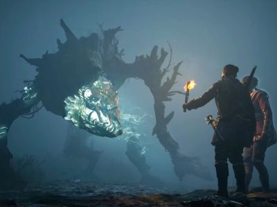 A still from the Banishers: Ghosts of New Eden gameplay trailer showing the protagonists facing off against an enormous, spectral beast.