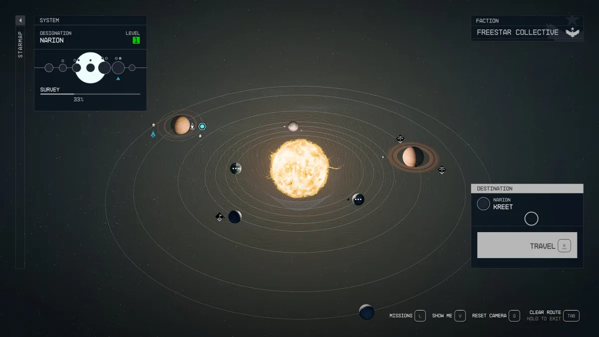 A map showing a system in Starfield through which players can travel.